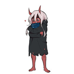 Rule 34 | 10s, 1girl, artist name, barefoot, black hoodie, blue eyes, book, hugging book, child, colored sclera, colored skin, crossed arms, darling in the franxx, full body, hair between eyes, heart, holding, holding book, hood, hood down, hoodie, horns, light purple hair, long hair, looking down, mixed media, miyuli, nib pen (medium), hugging object, oni, red sclera, red skin, simple background, smile, solo, spoilers, torn clothes, traditional media, white background, aged down, zero two (darling in the franxx)