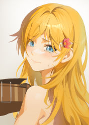 Rule 34 | 1girl, absurdres, bare shoulders, blonde hair, blue eyes, closed mouth, crying, crying with eyes open, from side, grey background, hair intakes, hair ornament, hairclip, henz, highres, long hair, miyazono kawori, shigatsu wa kimi no uso, smile, solo, straight hair, tears, upper body