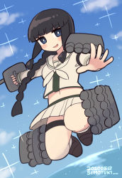 Rule 34 | 1girl, adapted turret, beige sailor collar, beige serafuku, beige skirt, black hair, blue sky, blunt bangs, braid, cannon, cloud, commentary request, day, full body, hair over shoulder, highres, jumping, kantai collection, kitakami (kancolle), long hair, looking at viewer, midriff, midriff peek, neckerchief, one-hour drawing challenge, panties, pantyshot, pleated skirt, sailor collar, school uniform, serafuku, sidelocks, simoyuki, single braid, skirt, sky, solo, sparkle, torpedo launcher, turret, underwear, white neckerchief, white panties