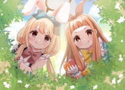 Rule 34 | 2girls, :q, animal ears, blonde hair, bow, brown eyes, rabbit ears, bush, butterfly net, easter, easter egg, egg, fake animal ears, futaba anzu, hair bow, hand net, highres, ichihara nina, idolmaster, idolmaster cinderella girls, idolmaster cinderella girls starlight stage, long hair, low twintails, multiple girls, orange hair, outdoors, red eyes, rino cnc, tongue, tongue out, twintails