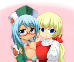 Rule 34 | 10s, 2girls, blonde hair, blue eyes, blue hair, breast press, breasts, cardfight!! vanguard, cleavage, cleavage cutout, clothing cutout, crossover, dress, glasses, holding hands, huge breasts, looking at viewer, lowres, multiple girls, nightmare doll alice, pale moon, purple eyes, red dress, royal paladin, silent sage sharon