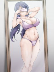 Rule 34 | 1girl, bra, breasts, cellphone, cleavage, closed mouth, covering own eyes, feet out of frame, female focus, groin, highres, holding, holding phone, large breasts, legs, long hair, love live!, love live! school idol project, mirror, navel, panties, phone, purple hair, reflection, simple background, smile, solo, standing, thighs, tojo nozomi, twintails, underwear, underwear only, uzumi (uzumi yosi)