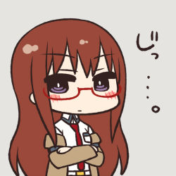 Rule 34 | 1girl, bespectacled, blush stickers, chan co, chibi, crossed arms, glasses, long hair, makise kurisu, necktie, purple eyes, red necktie, solo, steins;gate