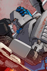 Rule 34 | 2boys, alex milne, arm cannon, artist name, commentary request, couple, glowing, glowing eyes, hand on another&#039;s head, imminent kiss, looking at another, mecha, megatron, multiple boys, no humans, official art, robot, simple background, starscream, teeth, transformers, transformers: generation 1, upper teeth only, weapon, yaoi