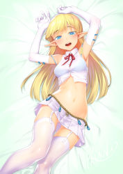 Rule 34 | 1girl, :d, armpits, arms up, bare shoulders, bikini, blonde hair, blue bikini, blue eyes, borrowed character, breasts, collared shirt, commentary, crop top, elbow gloves, elf, elf no radral, garter straps, gloves, highres, long hair, looking at viewer, medium breasts, midriff, miniskirt, navel, neck ribbon, open mouth, original, pleated skirt, pointy ears, radral, ribbon, see-through, shirt, skirt, sleeveless, sleeveless shirt, smile, solo, stomach, swimsuit, thighhighs, white gloves, white shirt, white skirt, white thighhighs, zettai ryouiki