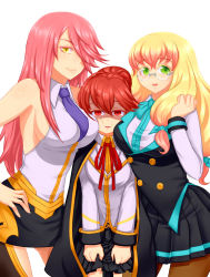 Rule 34 | 3girls, ahoge, arc system works, bare shoulders, blazblue, blonde hair, breast envy, breast press, breasts, cape, celica a. mercury, glasses, gradient hair, green eyes, hair over one eye, konoe a. mercury, large breasts, long hair, looking at viewer, multicolored hair, multiple girls, necktie, open mouth, pantyhose, parted lips, pink hair, ponytail, red eyes, red hair, ribbon, school uniform, shaded face, sideboob, skirt, skirt hold, small breasts, smile, toscabear, trinity glassfield, yellow eyes
