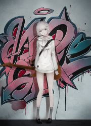 Rule 34 | 1girl, absurdres, arms at sides, black footwear, black socks, bob cut, closed mouth, collarbone, commentary, english commentary, full body, graffiti, grey eyes, grey hair, grey socks, guitar, hair ornament, hairclip, halo, head tilt, highres, hood, hood down, hoodie, instrument, legs, letterboxed, loafers, long sleeves, looking at viewer, marumoru, original, shiny footwear, shoes, short hair, socks, solo, standing, wall, white hoodie