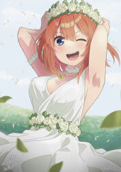 Rule 34 | 1girl, ;d, absurdres, armpits, blue eyes, blurry, blurry background, breasts, choker, cleavage, commentary request, dated, dress, frilled choker, frills, go-toubun no hanayome, head wreath, highres, looking at viewer, medium breasts, nakano yotsuba, one eye closed, open mouth, orange hair, raiz art works, short hair, signature, sleeveless, sleeveless dress, smile, solo, teeth, upper teeth only, wedding dress, white choker, white dress
