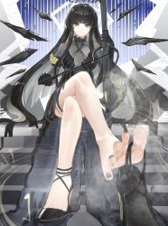 1girl absurdres arknights barefoot black_eyes black_hair crossed_legs feet highres long_hair looking_at_viewer shoe_dangle sitting smile soles stairs steam tiansuo_haoer toes virtuosa_(arknights) virtuosa_(diversity_oneness)_(arknights)