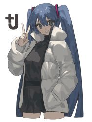 Rule 34 | 1girl, absurdres, black skirt, black sweater, blue hair, commentary request, cropped legs, hair between eyes, hair ornament, hand in pocket, hatsune miku, high collar, highres, jacket, jewelry, long hair, looking at viewer, necklace, open clothes, open jacket, pleated skirt, simple background, skirt, solo, sweater, tachibana wataru (123tsuki), turtleneck, turtleneck sweater, twintails, v, vocaloid, white background, white jacket