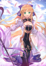 Rule 34 | 1girl, artoria caster (fate), artoria caster (third ascension) (fate), artoria pendragon (fate), blonde hair, bow, breasts, cleavage, cleavage cutout, clothing cutout, cloud, dress, fate/grand order, fate (series), green eyes, hair bow, highres, juliet sleeves, long sleeves, medium breasts, petals, puffy sleeves, sagta panggang, smile, solo, thighhighs, white dress, wide sleeves