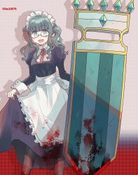 Rule 34 | 1girl, :d, alternate costume, apron, aqua hair, back bow, bespectacled, black-framed eyewear, blood, blood on clothes, blunt bangs, blush, bow, brown pantyhose, center frills, collared shirt, dress, feet out of frame, frilled apron, frilled shirt, frills, futaba sana, glasses, gradient background, green eyes, grey dress, grey scrunchie, hair ornament, hair scrunchie, holding, holding shield, juliet sleeves, long dress, long sleeves, looking at viewer, magia record: mahou shoujo madoka magica gaiden, mahou shoujo madoka magica, maid, maid headdress, medium hair, neck ribbon, open mouth, pantyhose, pavise, pink ribbon, puffy sleeves, ribbon, scrunchie, semi-rimless eyewear, shield, shirt, shirt under dress, sidelocks, skirt hold, sleeve cuffs, smile, solo, totte, twintails, under-rim eyewear, waist apron, wavy hair, white apron, white bow, white shirt