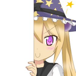 Rule 34 | &gt;:), 10s, 1girl, blonde hair, c:, hair ornament, hat, kantai collection, long hair, looking at viewer, majokko (kancolle), nagineko, peeking out, personification, purple eyes, school uniform, serafuku, smile, solo, transparent background, v-shaped eyebrows, witch hat