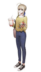 Rule 34 | 1girl, ahoge, alternate costume, arms up, artoria pendragon (all), artoria pendragon (fate), bag, black footwear, blonde hair, blue pants, blue ribbon, burger, casual, cheek bulge, chewing, closed mouth, commentary, cup, denim, drinking straw, eating, fate/stay night, fate (series), food, full body, green eyes, hair bun, hair ribbon, handbag, highres, holding, holding food, jeans, jun (navigavi), long sleeves, pants, ribbon, saber (fate), shirt, shoes, simple background, single hair bun, sneakers, solo, standing, white background, wrapper, yellow shirt