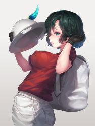 Rule 34 | 10s, 1girl, aged up, alternate breast size, aqua eyes, bacius, backpack, bag, black gloves, black hair, blush, breasts, bucket hat, commentary request, covered erect nipples, from side, gloves, grey background, hat, hat feather, highres, holding, holding clothes, holding hat, hot, kaban (kemono friends), kemono friends, large breasts, looking at viewer, open mouth, red shirt, safari hat, samerupa, shirt, short hair, shorts, simple background, solo, sweat, unworn hat, unworn headwear, white shorts