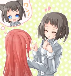Rule 34 | 10s, 2girls, animal ears, bad id, bad pixiv id, black hair, blue eyes, cat ears, closed eyes, finger in another&#039;s mouth, imagining, long hair, multiple girls, rateratte, red hair, ronye arabel, school uniform, sword art online, tiese schtrinen, twintails, two side up