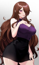 1girl absurdres artist_name black_skirt blouse breasts brown_hair cleavage cleavage_cutout clothing_cutout commission hair_over_one_eye hand_on_own_chest hand_on_own_thigh high-waist_skirt highres long_hair mole mole_under_mouth original parted_lips purple_eyes purple_nails purple_shirt sakotach shirt skirt sleeveless sleeveless_shirt