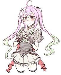 Rule 34 | 1girl, ahoge, black gloves, bow, bowtie, corset, cowboy shot, fang, gloves, gradient hair, green bow, green bowtie, green hair, grey sailor collar, grey skirt, hagioshi, highres, kantai collection, long hair, momo (kancolle), multicolored hair, pink hair, pleated skirt, red eyes, sailor collar, sailor shirt, school uniform, serafuku, shirt, simple background, skin fang, skirt, solo, standing, steepled fingers, thighhighs, twintails, white background