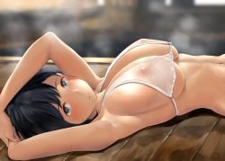 Rule 34 | 1girl, armpits, arms up, bare shoulders, bikini, black hair, blue eyes, blush, breasts, cleavage, collarbone, covered erect nipples, highres, kantai collection, large breasts, long hair, looking at viewer, lying, navel, nipples, on back, sideboob, solo, souryuu (kancolle), swimsuit, twintails, wa (genryusui), wet, white bikini