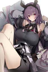 Rule 34 | 1girl, absurdres, arknights, bare shoulders, black shirt, black shorts, breasts, chichi guai, closed mouth, coat, commentary request, facing viewer, grey coat, highres, horns, knees up, large breasts, long hair, looking ahead, purple hair, red eyes, shirt, shorts, sitting, solo, typhon (arknights)