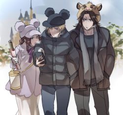 Rule 34 | 1girl, 2boys, aerith gainsborough, animal ears, blonde hair, brown hair, cellphone, cloud strife, crossover, disney, disneyland, final fantasy, final fantasy vii, final fantasy viii, gloves, hat, locked arms, mouse ears, multiple boys, phone, ryouto, scarf, simba, squall leonhart, the lion king, winter clothes