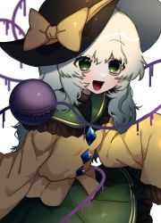 Rule 34 | 1girl, absurdres, black headwear, bow, breasts, buttons, commentary request, diamond button, eyeball, frilled shirt collar, frilled skirt, frilled sleeves, frills, green eyes, green skirt, grey hair, hat, hat bow, hat ribbon, heart, heart of string, highres, komeiji koishi, long sleeves, medium hair, open mouth, ribbon, sabapi oo, shirt, skirt, sleeves past fingers, sleeves past wrists, small breasts, third eye, touhou, wide sleeves, yellow bow, yellow ribbon, yellow shirt