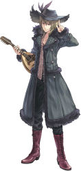 Rule 34 | 1boy, absurdres, atelier (series), atelier rorona, boots, brown eyes, brown hair, coat, feathers, full body, fur trim, hat, highres, instrument, kishida mel, long hair, male focus, official art, simple background, solo, tantris, tristan alcock, white background