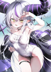 Rule 34 | 1girl, absurdres, ahoge, armpits, beach, black choker, black horns, blurry, blurry background, bracelet, braid, braided bangs, breasts, choker, collar, contrapposto, covered navel, demon girl, demon horns, depth of field, double-parted bangs, grey hair, hair flowing over, highres, hololive, horns, huge horns, impossible clothes, impossible swimsuit, inumata ichini, jewelry, la+ darknesss, long hair, multicolored hair, name tag, new school swimsuit, o-ring, o-ring thigh strap, ocean, one-piece swimsuit, outdoors, pointy ears, purple hair, red pupils, school swimsuit, shading eyes, skindentation, slit pupils, small breasts, solo, strap slip, streaked hair, striped horns, swimsuit, tail, thigh strap, very long hair, virtual youtuber, water drop, white one-piece swimsuit, yellow eyes
