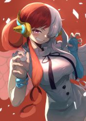Rule 34 | 1girl, absurdres, blue sleeves, breasts, dress, fantasy, fingernails, hair over one eye, highres, large breasts, long hair, looking at viewer, multicolored hair, ohako (ohako1818), one piece, one piece film: red, purple eyes, red background, red hair, simple background, single sleeve, smile, solo, two-tone hair, uta (one piece), white dress, white hair, wings