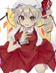 Rule 34 | 1girl, ascot, blonde hair, crystal, dress, flandre scarlet, frills, hat, highres, looking at viewer, mob cap, open mouth, puffy short sleeves, puffy sleeves, red dress, red eyes, short sleeves, side ponytail, simple background, solo, sweat, touhou, user urvp5737, wings