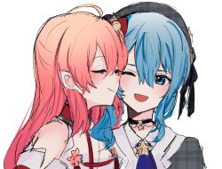 Rule 34 | 2girls, bare shoulders, blue eyes, blue hair, blush, closed eyes, commentary, facing another, gomiyama, hair between eyes, hololive, hoshimachi suisei, hoshimachi suisei (1st costume), kiss, kissing cheek, long hair, multiple girls, open mouth, pink hair, sakura miko, sakura miko (1st costume), sketch, smile, star (symbol), upper body, virtual youtuber, white background, yuri