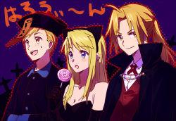 Rule 34 | 1girl, 2boys, alphonse elric, animal ears, bare shoulders, black dress, blonde hair, blue eyes, blush, blush stickers, candy, cat ears, chinese clothes, coat, cross, dress, earrings, edward elric, elbow gloves, food, fullmetal alchemist, gloves, grin, happy, hat, jewelry, lollipop, long hair, looking at viewer, looking away, multiple boys, open mouth, ponytail, purple background, riru, short hair, siblings, smile, sweatdrop, translation request, vampire costume, winry rockbell, yellow eyes