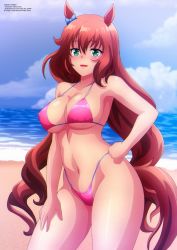 Rule 34 | 1girl, absurdres, animal ears, bad id, bad pixiv id, beach, bikini, blue eyes, blue sky, breasts, brown hair, cloud, commentary, cowboy shot, day, english commentary, hand on own hip, highleg, highleg bikini, highleg swimsuit, highres, horse ears, horse girl, horse tail, large breasts, long hair, looking at viewer, maruzensky (umamusume), outdoors, pink bikini, sky, solo, swimsuit, tail, umamusume, wavy hair, zel-sama