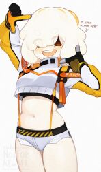 Rule 34 | 1girl, belly, black gloves, black sports bra, blush, breasts, brown eyes, commentary, cosplay, cropped sweater, dripping, egg (lemyawn), elegg (nikke), elegg (nikke) (cosplay), english commentary, english text, exposed pocket, eyes visible through hair, finger frame, gloves, goddess of victory: nikke, grey shorts, hair over eyes, highres, medium breasts, micro shorts, midriff, monster girl, navel, open mouth, original, plump, shorts, simple background, slime girl, solo, sports bra, suspender shorts, suspenders, teeth, two-tone gloves, upper teeth only, white background, yellow gloves, yoako
