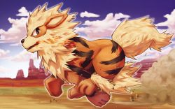 Rule 34 | arcanine, breath weapon, breathing fire, cloud, commentary request, creatures (company), day, desert, dust, fang, fire, from side, full body, game freak, gen 1 pokemon, highres, kumage kaigan, nintendo, no humans, outdoors, pokemon, pokemon (creature), running, sky, solo