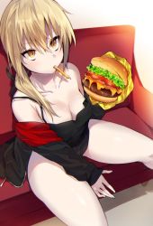 Rule 34 | 1girl, artoria pendragon (all), artoria pendragon (fate), blonde hair, breasts, burger, cleavage, couch, danimaru, eating, fate/grand order, fate (series), food, french fries, hair ribbon, highres, jacket, medium breasts, official alternate costume, pale skin, ribbon, saber alter, saber alter (ver. shinjuku 1999) (fate), short hair, shorts, sitting, yellow eyes