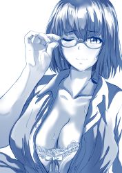 Rule 34 | 1girl, absurdres, blush, bra, breasts, cleavage, closed mouth, collared shirt, dress shirt, unworn eyewear, gridman universe, head cha la, highres, holding, holding removed eyewear, lace, lace bra, large breasts, looking at viewer, monochrome, one eye closed, open clothes, open shirt, shinjou akane, shirt, short hair, smile, ssss.gridman, sweat, underwear, white background