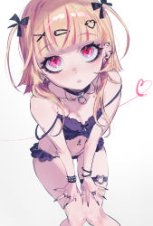 Rule 34 | 1girl, bags under eyes, black nails, blonde hair, blush, bracelet, character request, choker, copyright request, earrings, female focus, fingernails, hair ornament, hairclip, highres, jewelry, leaning forward, long fingernails, looking at viewer, nail polish, nikubou maranoshin, parted lips, pink eyes, simple background, solo, spiked bracelet, spikes, strap slip, thigh gap, two side up, white background