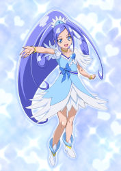 Rule 34 | 1girl, blue background, blue bow, blue eyes, blue hair, bow, brooch, cure diamond, dokidoki! precure, heart, heart brooch, highres, hishikawa rikka, iyakun, long hair, matching hair/eyes, outstretched arm, ponytail, precure, solo, sparkle
