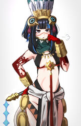 Rule 34 | 1girl, absurdres, bare shoulders, black hair, blue hair, blunt bangs, blush, bracer, breasts, detached collar, eyeliner, facepaint, facial mark, fate/grand order, fate (series), feathers, gold trim, grey eyes, halterneck, headdress, high collar, highres, jewelry, looking to the side, makeup, multicolored hair, navel, necklace, parted lips, pelvic curtain, sash, shibao aoyama, short hair, sidelocks, simple background, small breasts, solo, streaked hair, tassel, tenochtitlan (fate), tenochtitlan (first ascension) (fate), thighs, whip, white background
