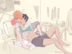 2boys bed book haikyuu!! hinata_shouyou kageyama_tobio kiss midriff multiple_boys poster_(object) reallycorking yaoi