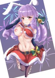 Rule 34 | 1girl, animal ears, blush, breasts, rabbit ears, chuchu (show by rock!!), highres, large breasts, looking at viewer, nipples, one breast out, purple hair, santa costume, show by rock!!, smile, solo
