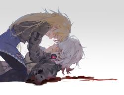 Rule 34 | 2girls, amputated arm, amputee, blonde hair, blood, blue dress, brown jacket, crying, dress, from side, girls&#039; frontline, gradient background, grey background, grey hair, holding head, imoko (imonatsuki), injury, jacket, kneeling, long hair, long sleeves, lying, multiple girls, on back, open mouth, pantyhose, short hair, sl8 (girls&#039; frontline), tears, torn clothes, torn jacket, vhs (girls&#039; frontline)