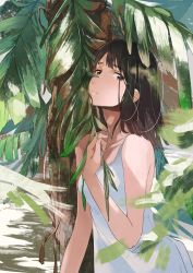 Rule 34 | 1girl, black hair, brown eyes, collarbone, day, dress, fly (marguerite), long hair, looking at viewer, original, outdoors, parted lips, sleeveless, sleeveless dress, solo, sundress, tree, upper body, white dress