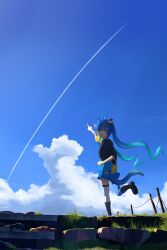 Rule 34 | 1girl, :d, @ @, absurdres, ahoge, animal ears, aqua hair, arm up, asymmetrical legwear, black footwear, blue eyes, blue hair, blue skirt, blue sky, blue thighhighs, boots, bow, casual, clothing cutout, cloud, commentary request, contrail, crossed bangs, day, from behind, gradient hair, grass, hair bow, heterochromia, highres, hood, hoodie, horse ears, horse girl, horse tail, kotori aoi, leg up, long hair, looking at viewer, looking back, mismatched legwear, multicolored clothes, multicolored hair, multicolored hoodie, official alternate costume, open mouth, outdoors, pleated skirt, pointing, pointing up, purple eyes, sidelocks, skirt, sky, sleeves past elbows, smile, solo, standing, standing on one leg, tail, tail through clothes, thighhighs, twin turbo (umamusume), twintails, umamusume, very long hair, white thighhighs, wide shot