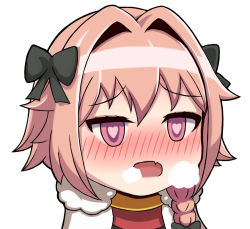 Rule 34 | 1boy, astolfo (fate), black bow, blush, bow, braid, breath, cape, chibi, chinese text, dyxm, fang, fate (series), fur-trimmed cape, fur trim, hair bow, hair intakes, heart, heart-shaped pupils, long hair, male focus, no nose, open mouth, pink eyes, pink hair, single braid, solo, symbol-shaped pupils, trap, white background