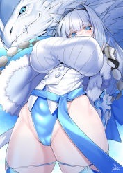 Rule 34 | 1girl, absurdres, animal ear fluff, animal ears, bare shoulders, blouse, blue bow, blue eyes, blue ribbon, blue thighhighs, blush, bow, breasts, cat ears, cat girl, cat tail, detached collar, detached sleeves, dobrynya nikitich (fate), dragon, fate/grand order, fate (series), fur trim, hair bow, hairband, highres, large breasts, long hair, looking at viewer, low ponytail, ribbon, shirt, tail, thighhighs, thighs, watosu, white hair, white shirt