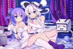 Rule 34 | absurdly long hair, ahoge, ass, azur lane, bare shoulders, bili girl 22, bili girl 33, bilibili, blue eyes, blue hair, blush, card, closed mouth, collarbone, cosplay, dai jijie, finger to mouth, garter straps, hat, illustrious (azur lane), illustrious (azur lane) (cosplay), index finger raised, indoors, long hair, looking at viewer, lying, mole, mole under eye, on side, open mouth, panties, playing card, silver hair, sitting, smile, thighhighs, twintails, underwear, unicorn (azur lane), unicorn (azur lane) (cosplay), very long hair, white hat, white legwear, white panties, yuri