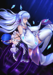 Rule 34 | 10s, 2girls, arms at sides, back-to-back, bare shoulders, black background, black dress, blue background, blue hair, breasts, cleavage, closed eyes, crying, detached collar, detached sleeves, dress, elf, emilia (re:zero), flower, from above, full body, gradient background, hair flower, hair ornament, hair ribbon, hairband, hands on own chest, highres, light purple hair, long hair, long sleeves, maid, multiple girls, pak ce, pointy ears, puffy sleeves, re:zero kara hajimeru isekai seikatsu, rem (re:zero), ribbon, short dress, short hair, tears, thighhighs, two-tone background, white dress, white legwear, wide sleeves