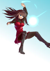 Rule 34 | 1girl, absurdres, aozaki aoko, black pantyhose, blue eyes, boots, breasts, brown hair, cqqz0707, dress, highres, knee boots, large breasts, legs, lens flare, long hair, looking at viewer, mahou tsukai no yoru, midair, pantyhose, red dress, solo, thighs